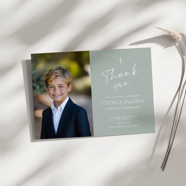 Sage Minimalist Modern First Holy Communion Thank You Card - Personalized Photo Appreciation Note, Elegant Religious Thank-You S01
