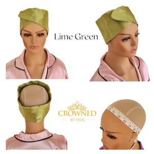 May include: Lime green satin head wrap. The head wrap is shown on a mannequin in multiple views. The text "CROWNED BY HER" is in the center of the image. The mannequin is wearing a pink satin pajama top.