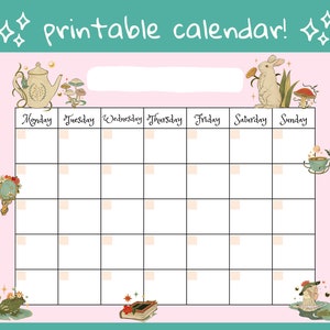 Magical Cottagecore Open Printable Monthly Calendar Planner, Digital ...