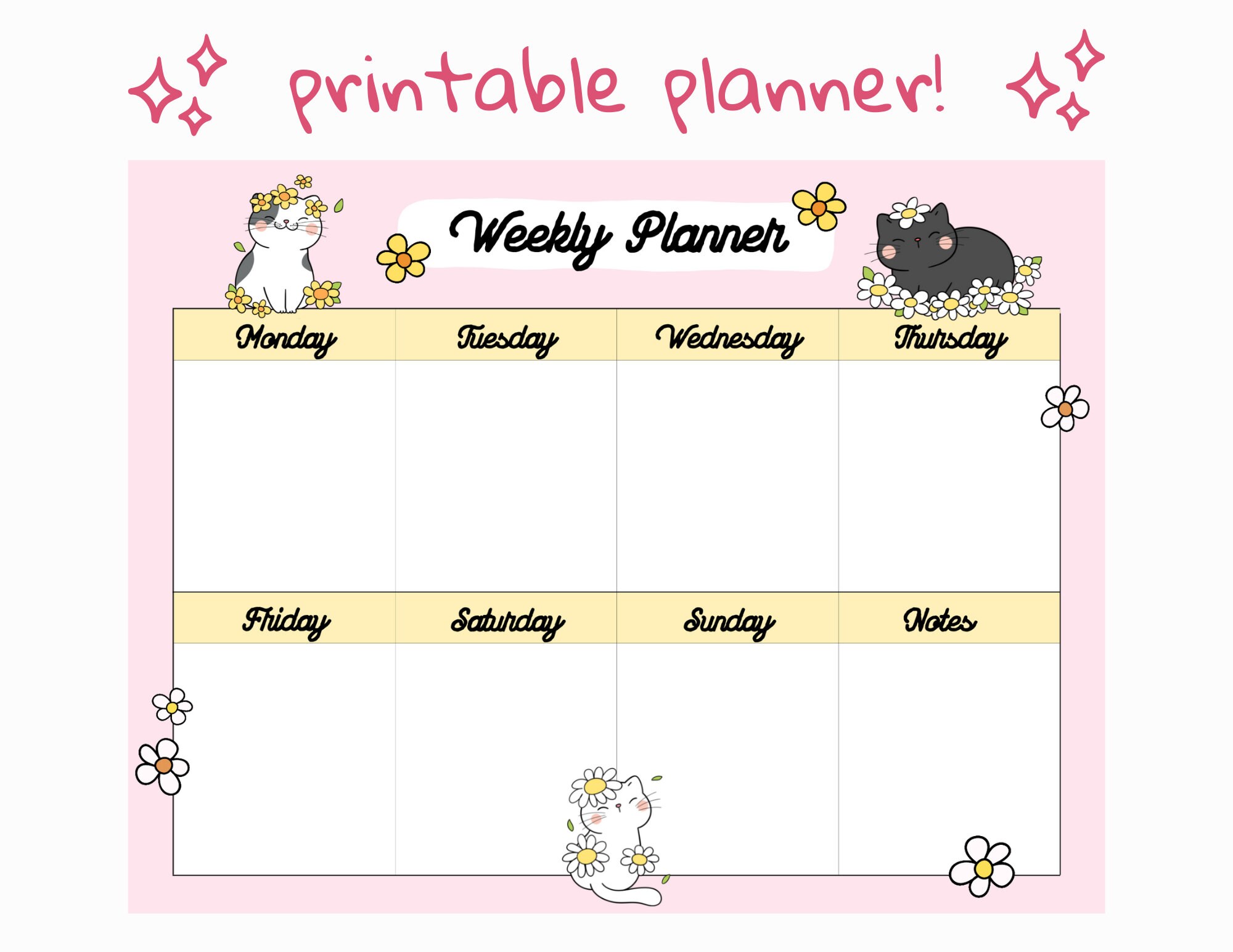 Cute Flowers Cat Open Printable Weekly Planner, Digital Download ...