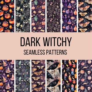 Dark Witchy Seamless Digital Paper - Magische mystische Hexe Aquarell Muster, 12 Designs, 30x12in, kommerzielle Nutzung, Sofort Download