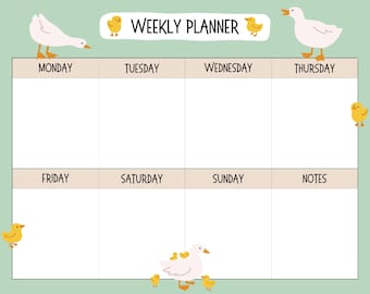 May include: A weekly planner with a light green background and a white grid. The planner has a title that says "WEEKLY PLANNER" and is decorated with cartoon images of geese and ducklings. The days of the week are listed across the top of the grid: Monday, Tuesday, Wednesday, Thursday, Friday, Saturday, Sunday. The last column is labeled "NOTES".