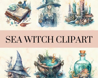 20 PNG Sea Witch Clipart - Witchy PNG Set, Ocean Magic Witch Art, Commercial Use, Instant Download