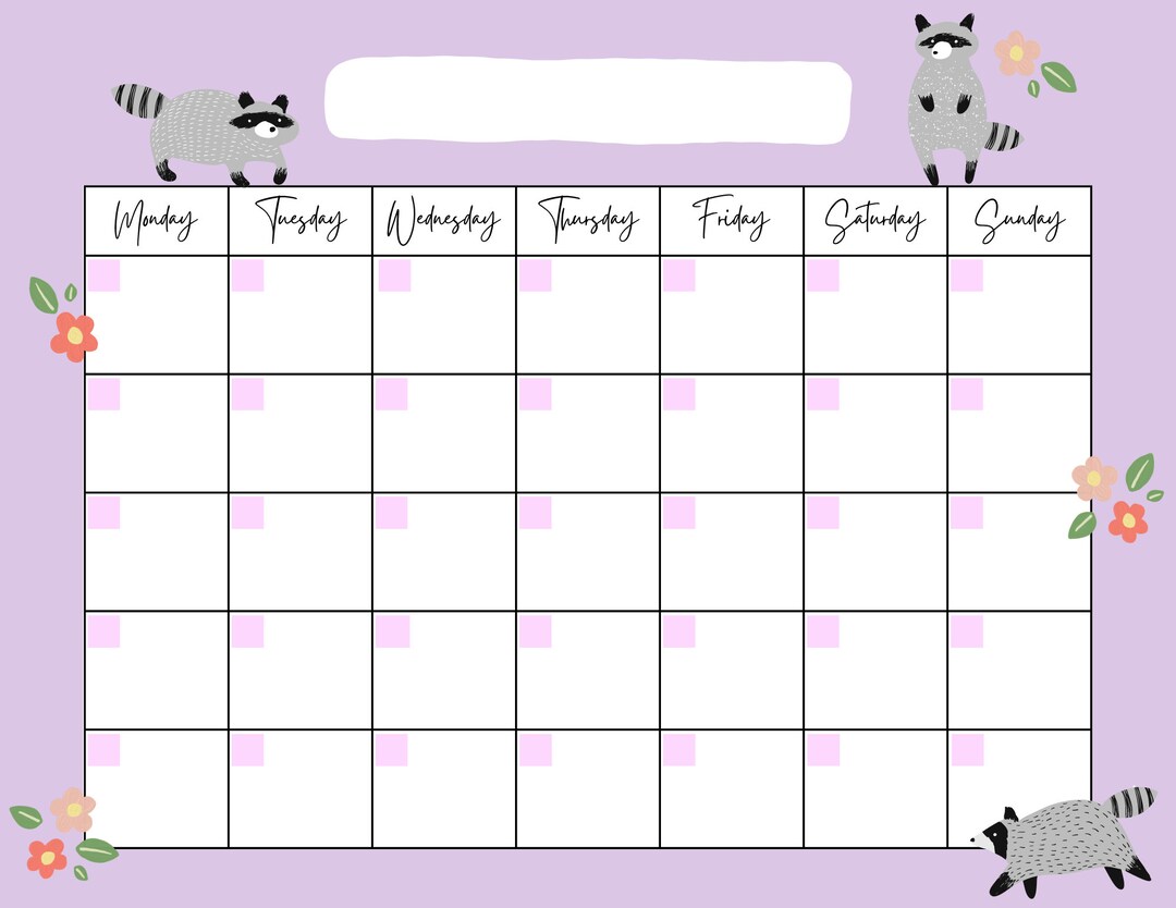 Racoon Floral Open Printable Calendar, Digital Download Calendar