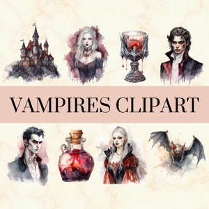 36 Vampire Aquarell Clipart - Hübsches Dark Gothic PNG Set, Schwarz Rot Goth PNG, Fledermaus, Schloss, Trank, Blut, kommerzielle Nutzung, sofortiger Download