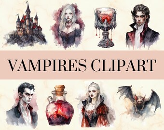 36 Vampires Watercolor Clipart - Pretty Dark Gothic PNG Set, Black Red Goth PNG, Bat, Castle, Potion,Blood, Commercial Use, Instant Download