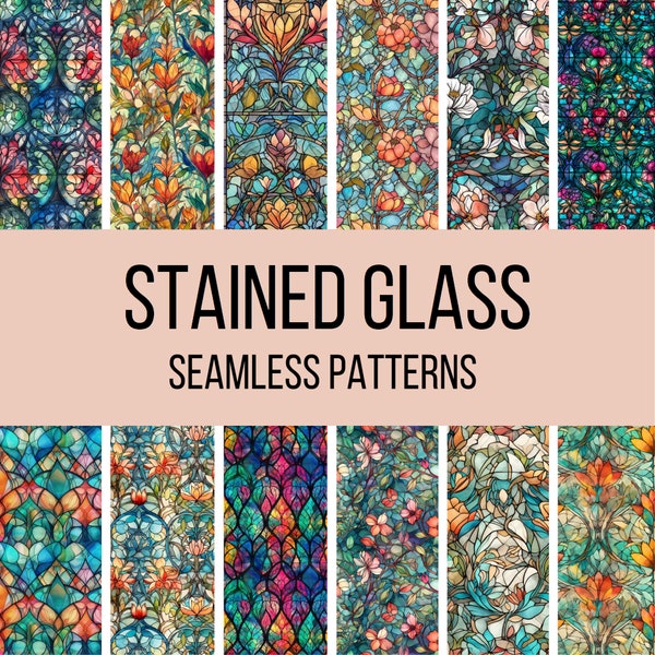 Stained Glass Seamless Digital Paper - Seamless Flower Window Watercolor Patterns, 12 Designs, 12x12in, Commercial Use, Instant Download