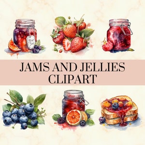 24 Mermeladas y Jaleas Acuarela Clipart - Pretty Fruit PNG Set, Verano y Primavera PNG, Desayuno Clipart, Uso Comercial, Descarga Instantánea