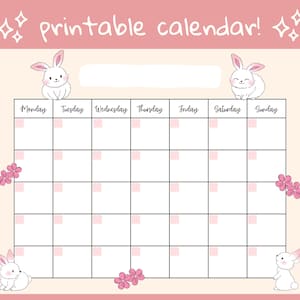 Cute Bunny Open Printable Calendar, digital download calendar, instant download