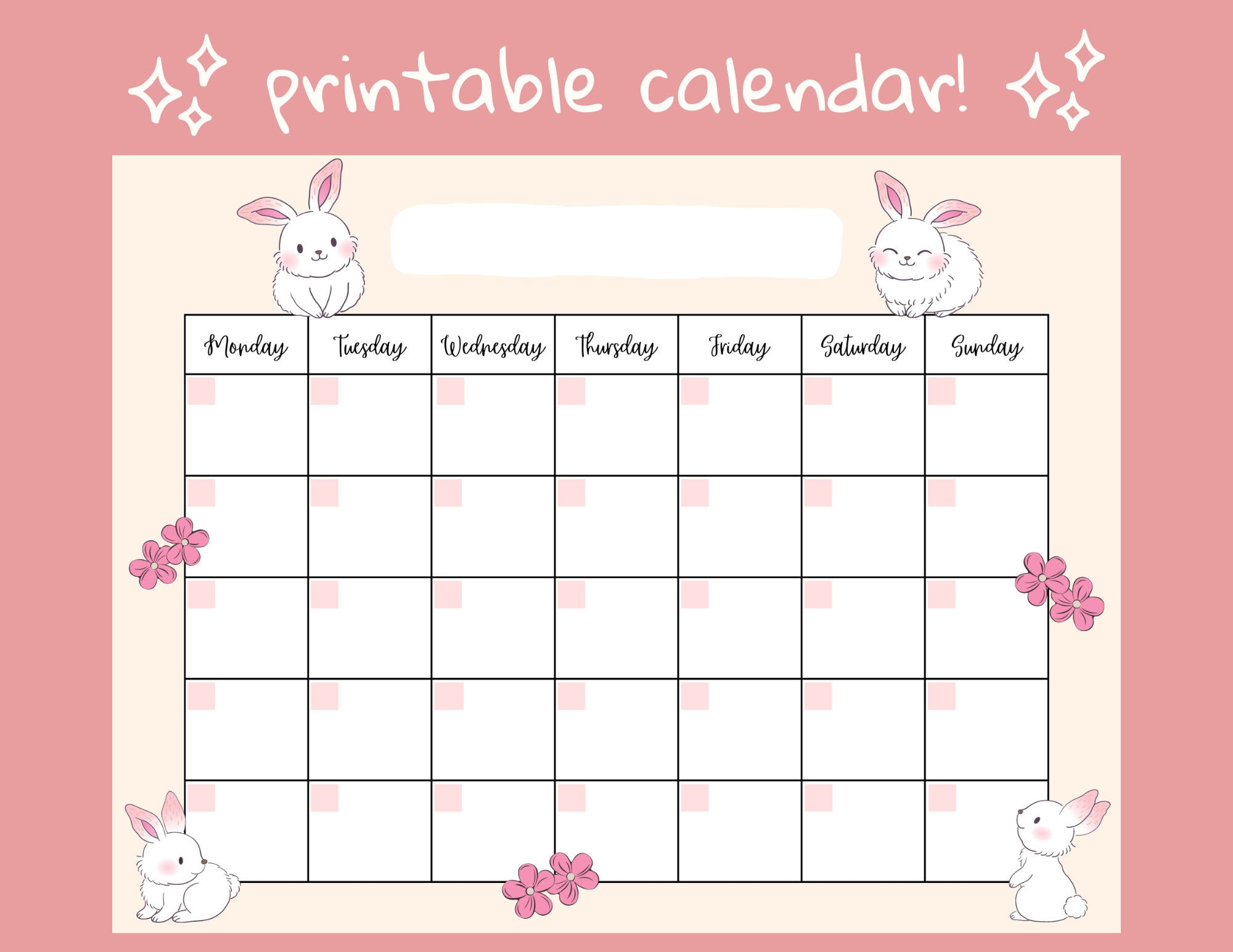 Cute Bunny Open Printable Calendar, Digital Download Calendar, Instant
