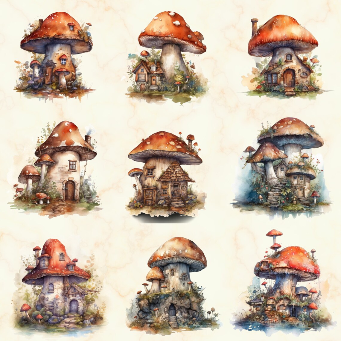 36 Watercolor Mushroom Houses Clipart - Cute Fairy House PNG Set ...
