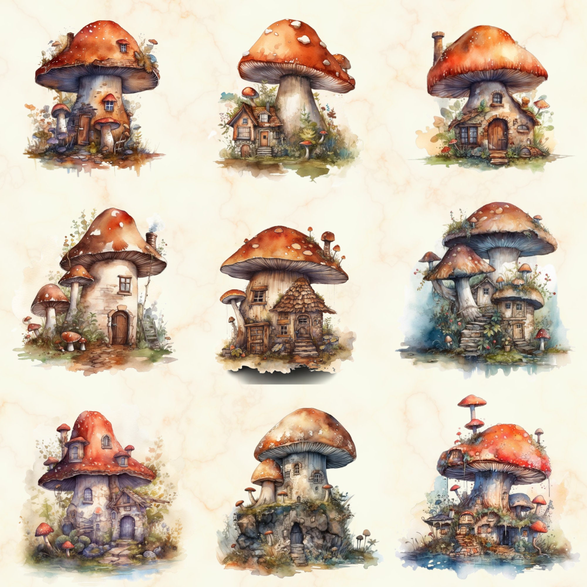 36 Watercolor Mushroom Houses Clipart - Cute Fairy House PNG Set ...