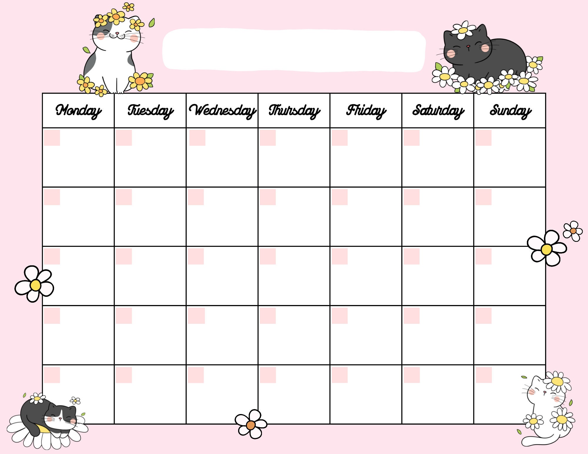 Cute Cat Open Printable Calendar, Digital Download Calendar, Instant