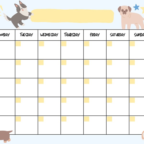 Cute Dog Open Printable Calendar, digital download calendar, instant download