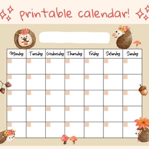 Cute Hedgehog Open Printable Calendar, Digital Download Calendar ...