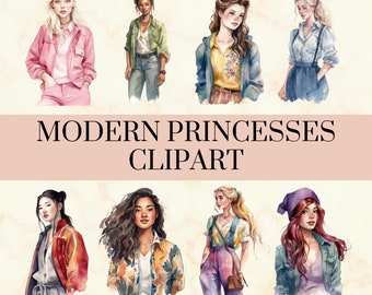 45 PNG aquarelle moderne conte de fées Princesses Clipart - conte de fées Fantasy livre PNG ensemble, mignon princesse Art, usage Commercial, téléchargement immédiat