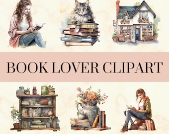 May include: A set of watercolor illustrations featuring book lovers and books. The illustrations include a woman reading a book, a cat sitting on a stack of books, a bookstore, a bookshelf filled with books, a vase of flowers with books, and a woman reading a book on a stack of books.