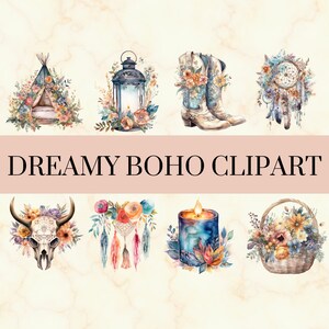 36 Dreamy Boho Watercolor Clipart - Pretty Bohemian PNG Set, Flowers PNG, Cowgirl, Dreamcatcher Clipart, Commercial Use, Instant Download