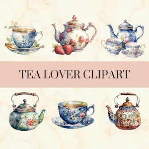 36 PNG Acquerello Amante del tè Clipart - Pretty Teacup, Teapot and Kettle PNG Set, Uso commerciale, Download istantaneo