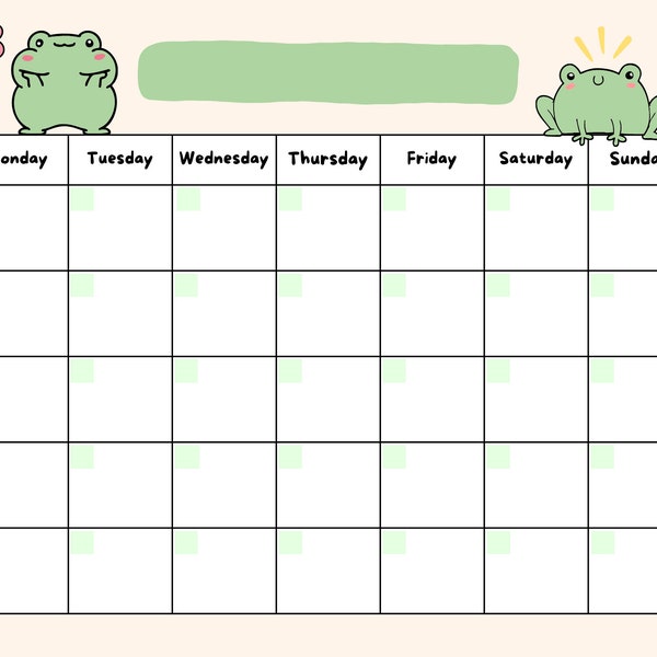 Cute Frog Open Printable Calendar, digital download calendar, instant download