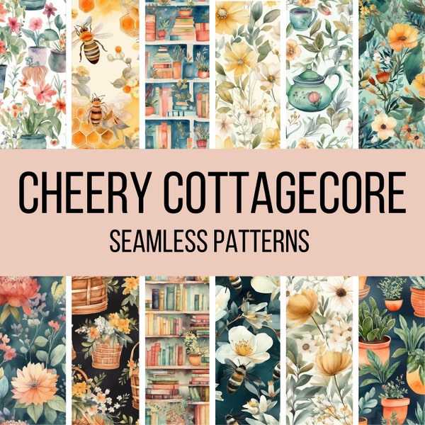 Cheery Cottagecore Seamless Digital Paper - Seamless Cozy Floral Watercolor Patterns, 12 Designs, 12x12in, Commercial Use, Instant Download