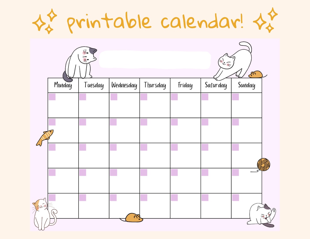 Cute Cat Open Printable Calendar, Digital Download Calendar, Instant ...