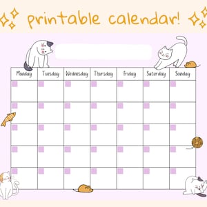 Cute Cat Open Printable Calendar, Digital Download Calendar, Instant ...