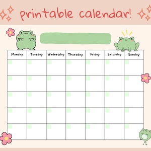 Cute Frog Open Printable Calendar, digital download calendar, instant download