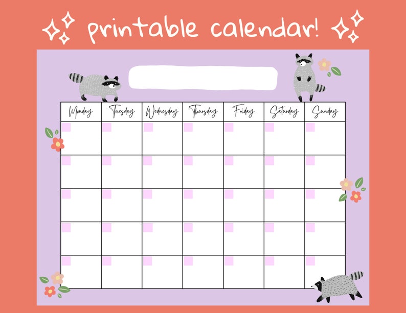 Racoon Floral Open Printable Calendar, Digital Download Calendar