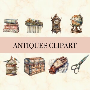 27 Antiques Watercolor Clipart - Pretty Vintage PNG Set, Books, Academia, Key, Mirror, Teapot Clipart, Commercial Use, Instant Download