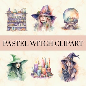 45 PNG Watercolor Pastel Witch Clipart - Pretty Colorful Witchy PNG Set, Cute Rainbow Fairytale Art, Commercial Use, Instant Download