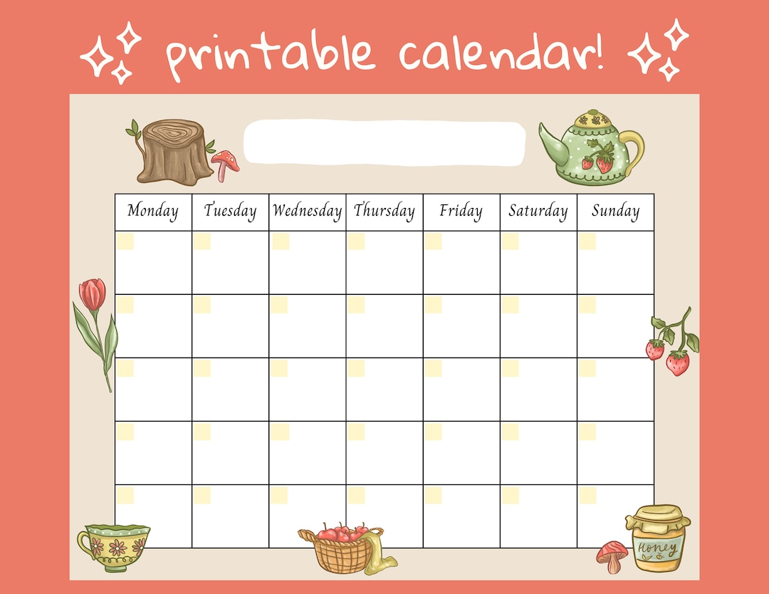 Sweet Cottagecore Open Printable Monthly Calendar Planner, Digital ...