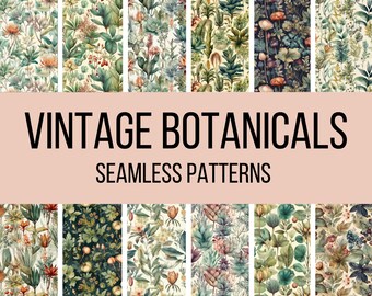 Vintage Botanical Seamless Digital Paper - Seamless Antique Plant Watercolor Patterns, 12 Designs, 12x12in, Commercial Use, Instant Download