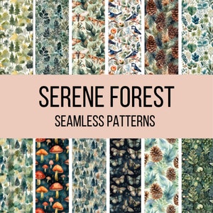 Serene Forest Nahtloses digitales Papier - nahtlose grüne Wald-Aquarell-Muster, 12 Designs, 12x12in, kommerzielle Nutzung, sofortiger Download