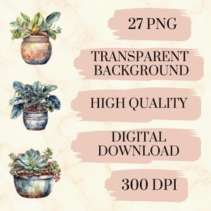 27 Houseplants Watercolor Clipart - Pretty Potted Plants PNG Set, Green ...