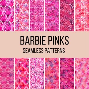 May include: A set of 10 digital seamless patterns in various shades of pink. The patterns feature floral, geometric, and abstract designs. The text "Barbie Pinks Seamless Patterns" is displayed at the center of the image.