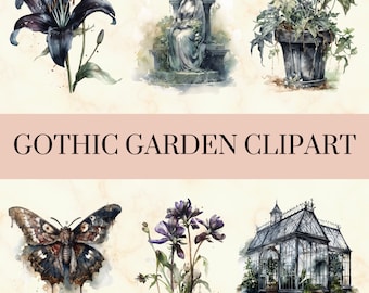 20 PNG Watercolor Gothic Garden Clipart - Gothic PNG Set, Cute Garden Art, Commercial Use, Instant Download