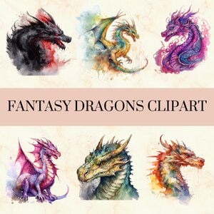 May include: A set of six watercolor illustrations of fantasy dragons. The dragons are depicted in various poses and colors, including black, green, purple, and red.