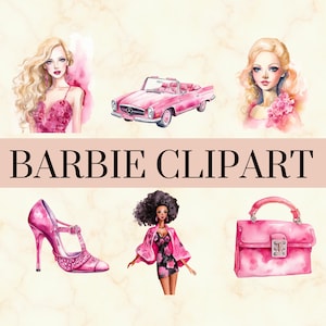 27 Barbie Aquarela Clipart - Conjunto bonito de boneca Barbie PNG, rosa feminino PNG, clipart de moda rosa feminina, uso comercial, download instantâneo