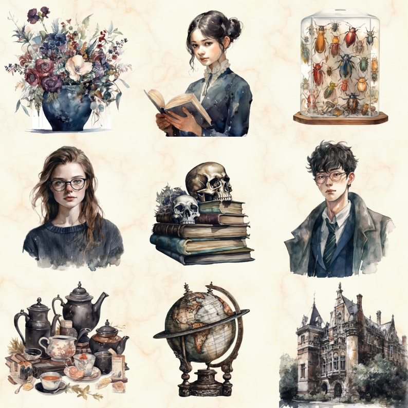 36 PNG Watercolor Dark Academia Clipart Pretty Black Gothic College PNG ...