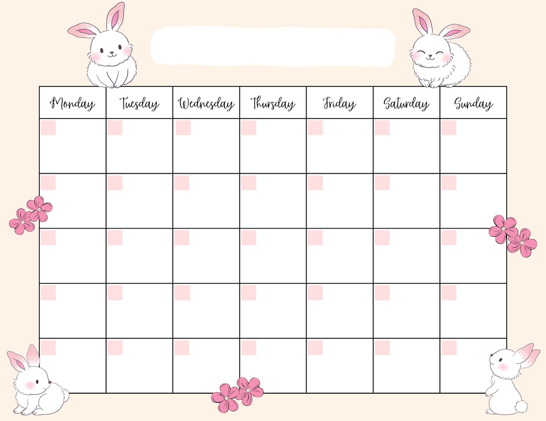 Cute Bunny Open Printable Calendar, Digital Download Calendar, Instant ...