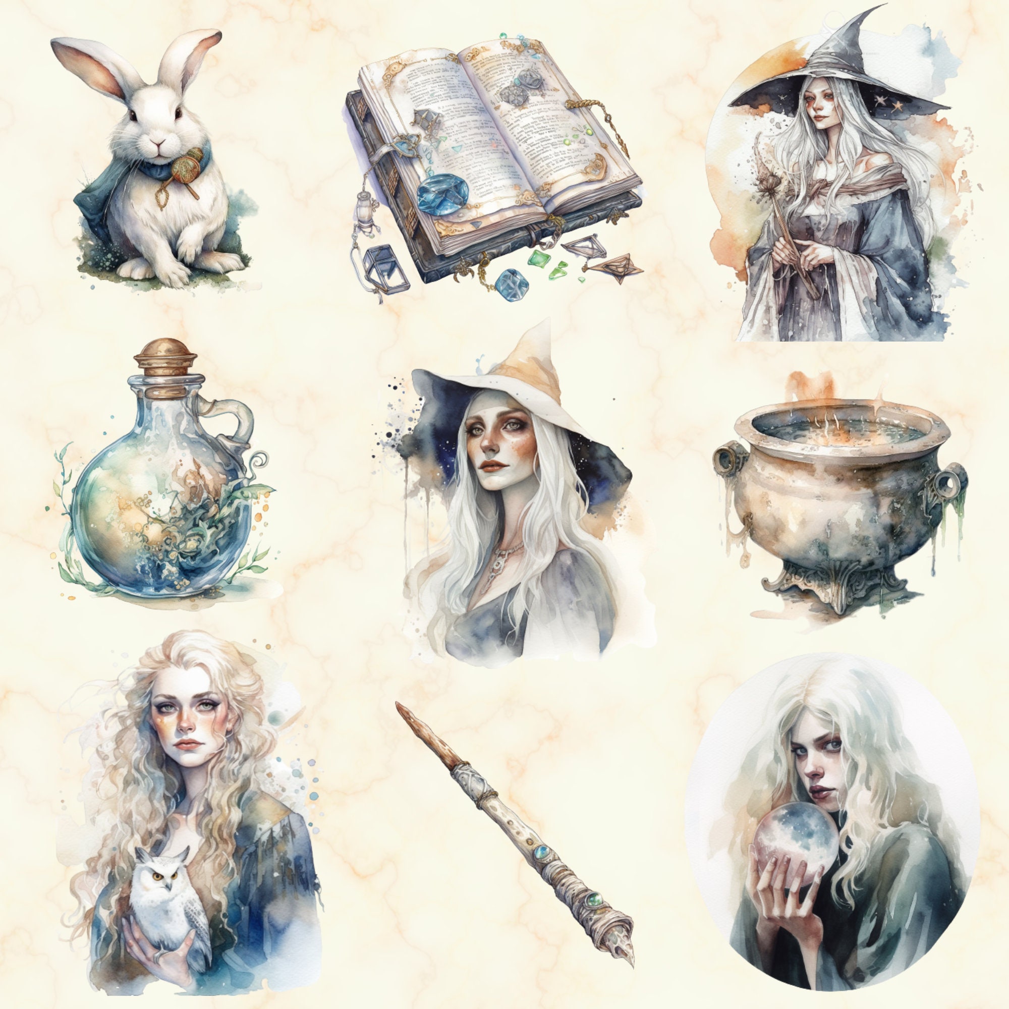 45 PNG Watercolor White Witch Clipart - Good White Witchy PNG Set ...