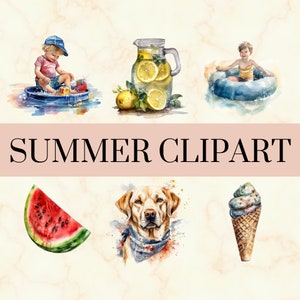 21 Summer Watercolor Clipart - Pretty Summer Vacation PNG Set, Pool Party PNG, Hot Summer Fun Clipart, Commercial Use, Instant Download