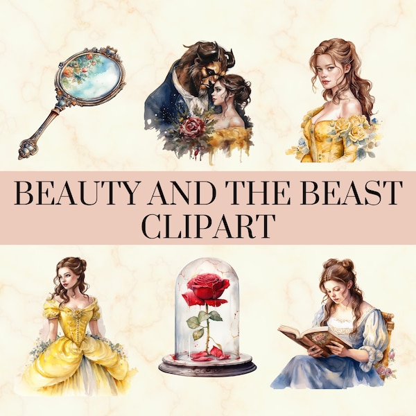 21 Beauty of the Beast Watercolor Clipart - Pretty Fairytale PNG Set, Princess PNG, Fairytale Clipart, Commercial Use, Instant Download