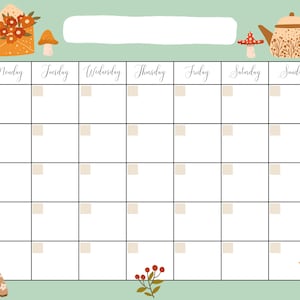 Sweet Cottagecore Open Printable Calendar, digital download calendar, instant download