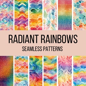 May include: A set of 12 digital seamless patterns featuring vibrant rainbow colors and various designs, including scales, waves, leaves, and geometric shapes. The patterns are perfect for creating backgrounds, textiles, and other creative projects.