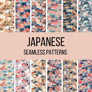 May include: A set of 10 digital seamless patterns featuring Japanese-inspired designs. The patterns include cherry blossoms, koi fish, pagodas, and other traditional Japanese motifs in a watercolor style. The patterns are in shades of blue, pink, red, and white.
