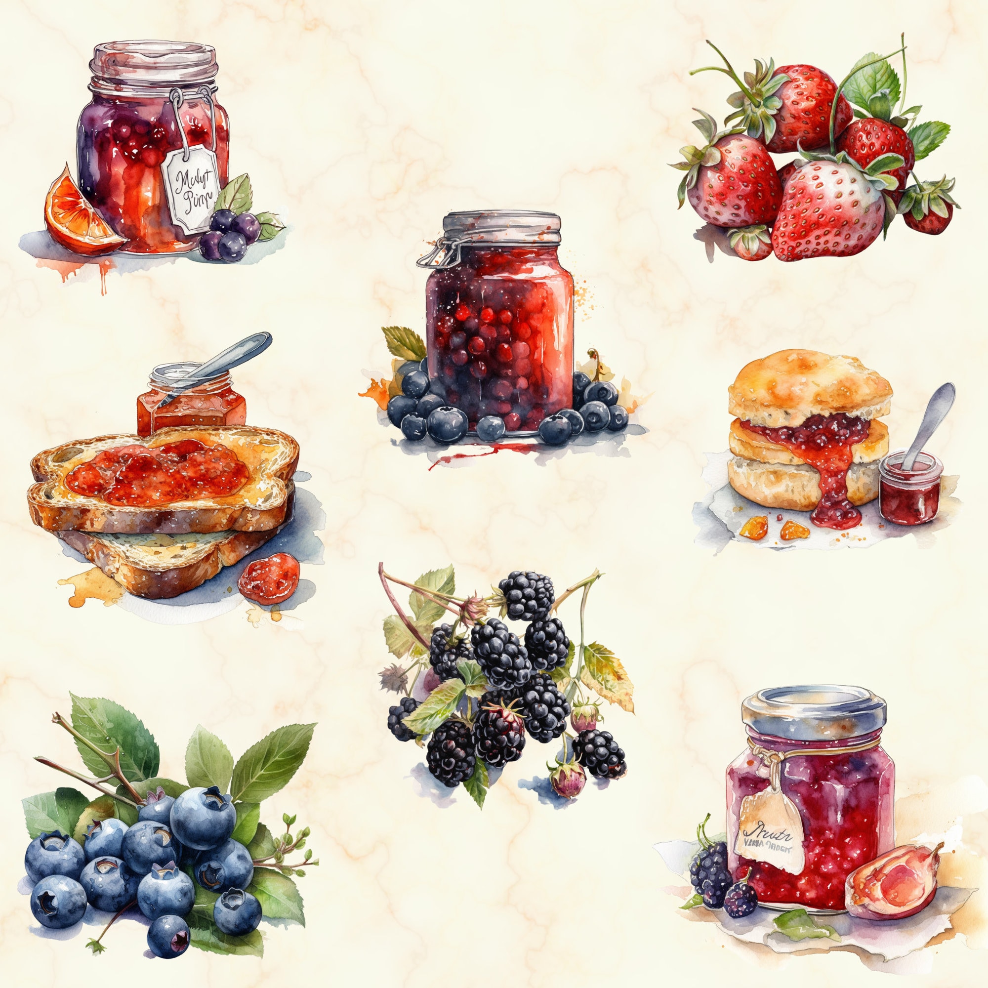 Spring Art Jam 24 Jams and Jellies Watercolor Clipart - Pretty Fruit PNG Set, Summer ...