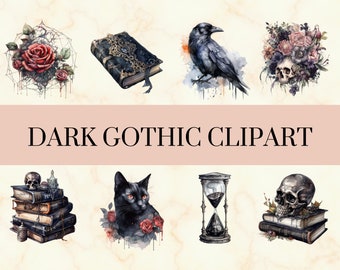 36 Dark Gothic Watercolor Clipart - Pretty Dark Academia PNG Set, Skulls and Roses PNG, Black Goth Clipart, Commercial Use, Instant Download