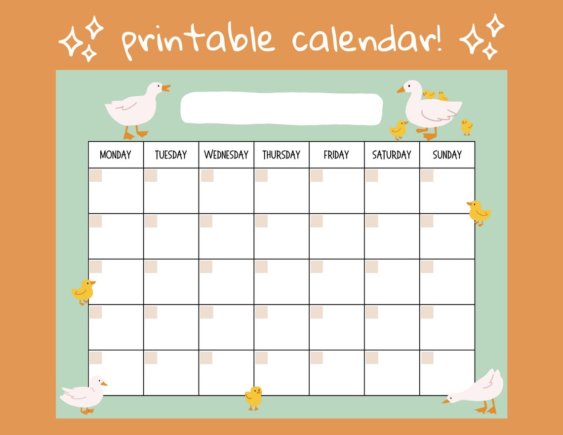 Cute Duck Open Printable Calendar, Digital Download Calendar, Instant ...